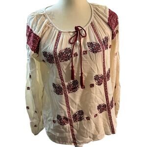 Denim & Supply Ralph Lauren Embroidered Peasant Top, Boho Tassel Blouse, Small